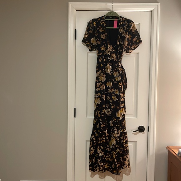 LULUs Lean On Me Black Mutli Print Wrap Maxi Dress size medium - Picture 4 of 4